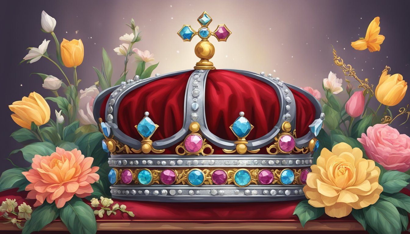 A crown and scepter laid on a velvet cushion, surrounded by flowers and symbols of personal interests and patronages