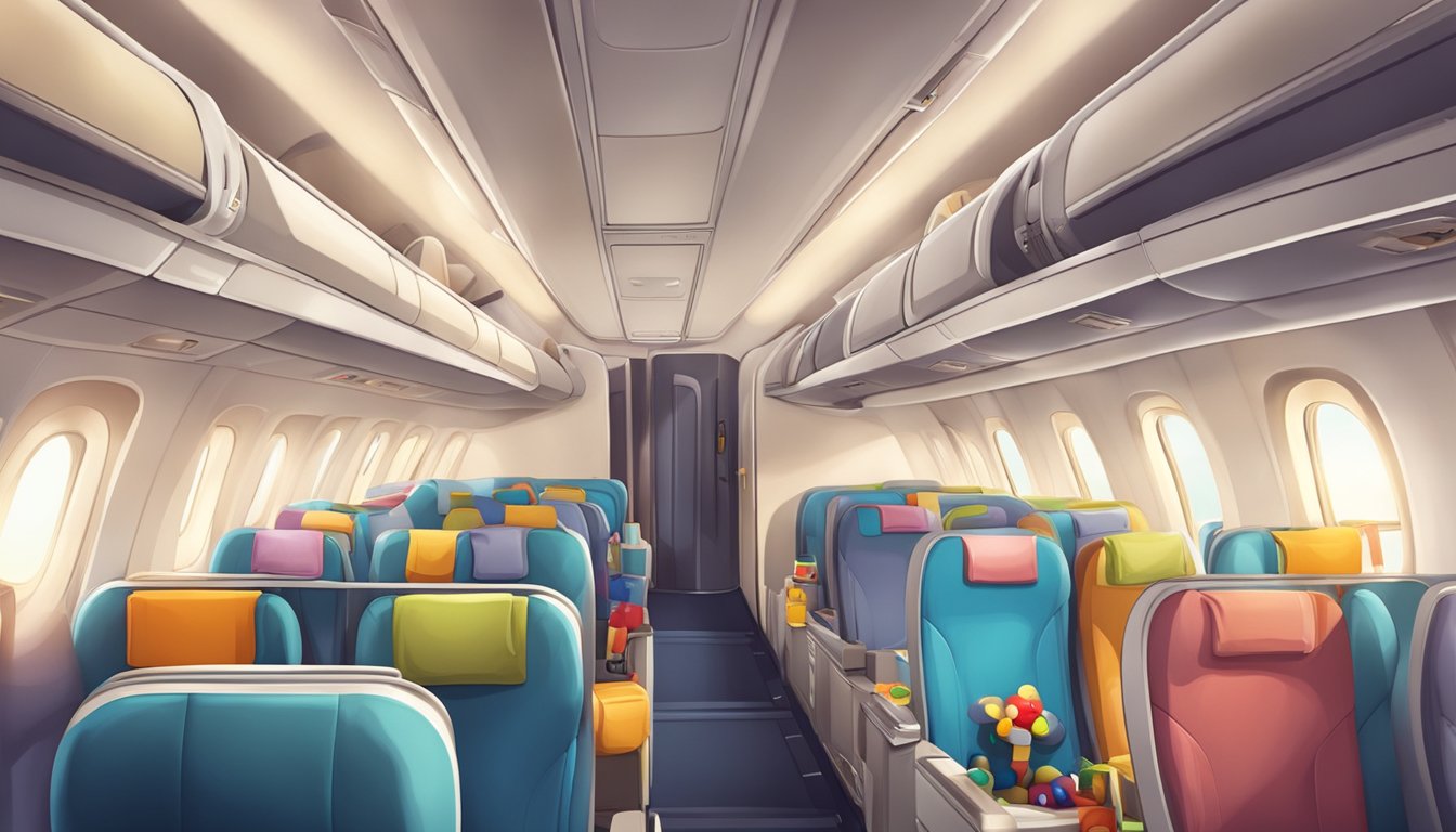 An airplane cabin with an empty seat, scattered toys, and a solemn atmosphere