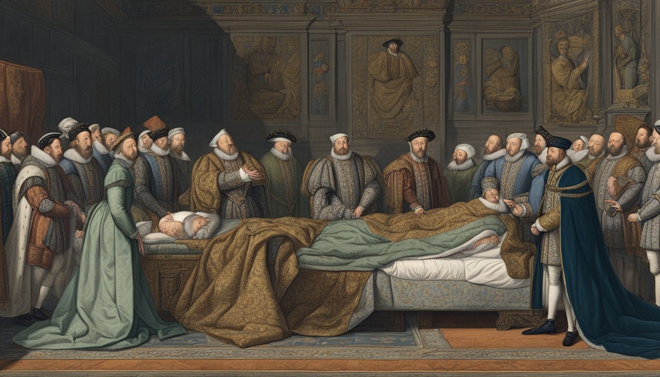 Henry VIII lies in bed, surrounded by concerned courtiers and physicians. His deteriorating health is evident as he struggles to breathe, signaling the final years leading to his death