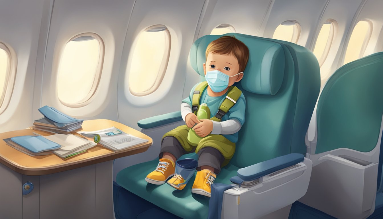 An airplane seat with a child's belongings scattered around, an oxygen mask dangling from above