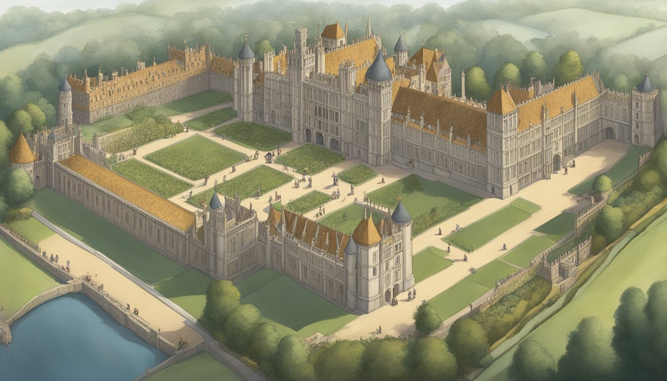 Henry VIII's palace, surrounded by advisors and courtiers, as he struggles with health issues and the weight of his political and personal decisions