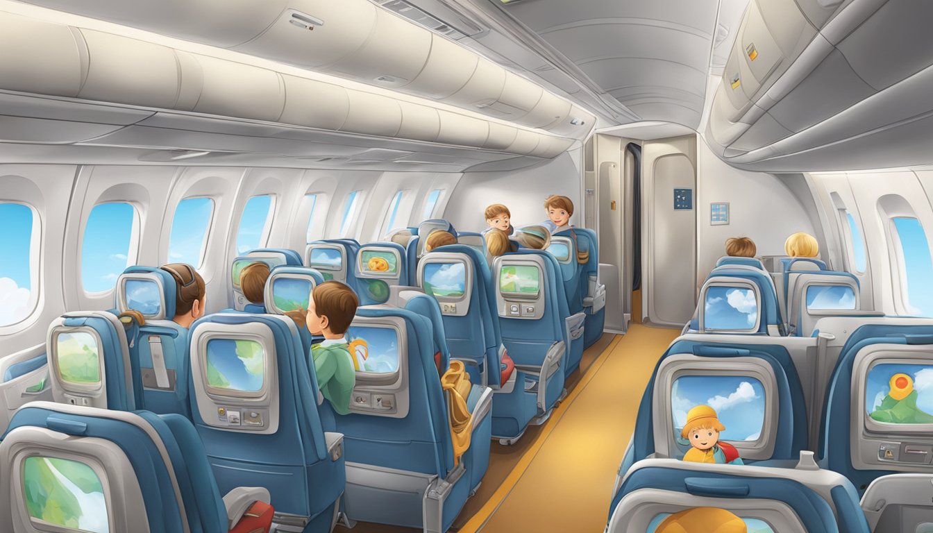 An airplane cabin with a child's seat and oxygen masks deployed