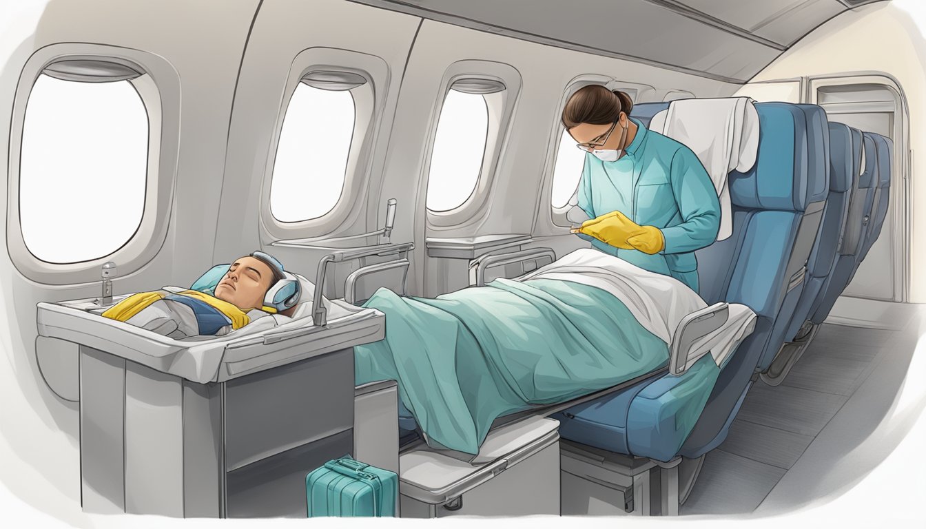 An airplane cabin with a medical examiner examining a small body