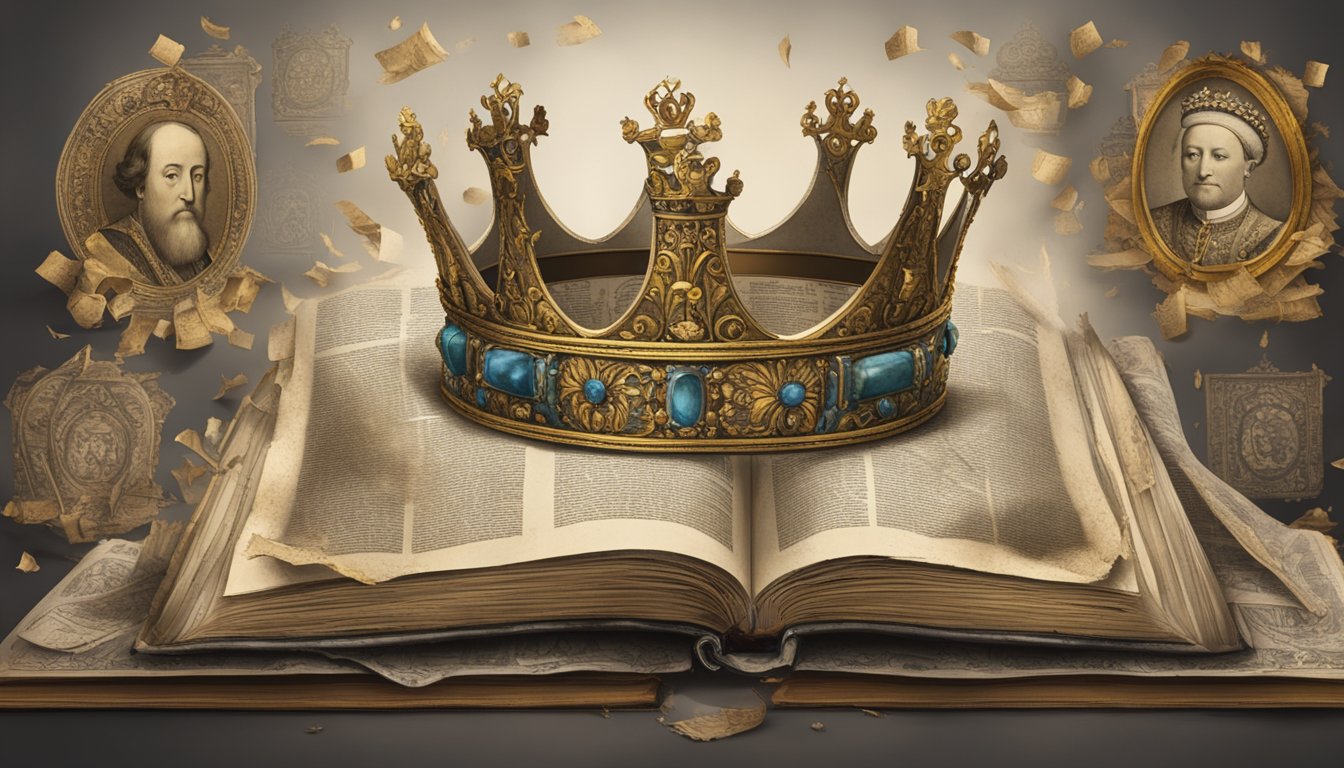 A regal crown sits atop a tattered history book, surrounded by ancient scrolls and fading portraits of Henry VIII