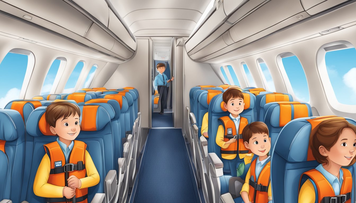 An airplane cabin with safety instructions and child-sized life vests