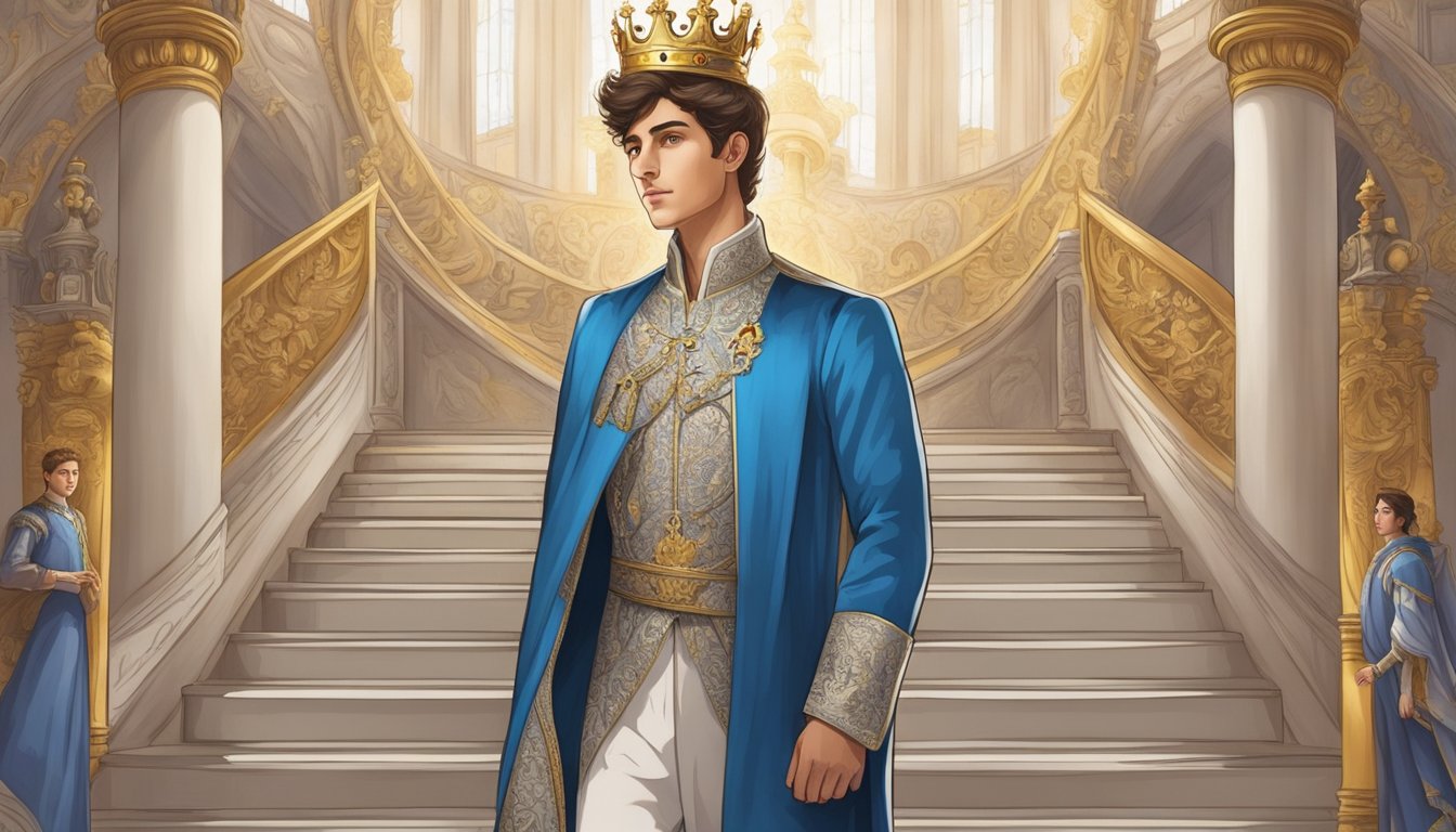 A young prince surrounded by regal symbols and a crown, ascending a grand staircase