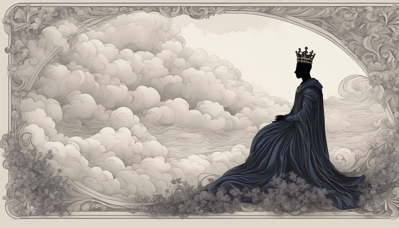 The silhouette of a regal figure surrounded by swirling clouds and a crown lying abandoned on the ground