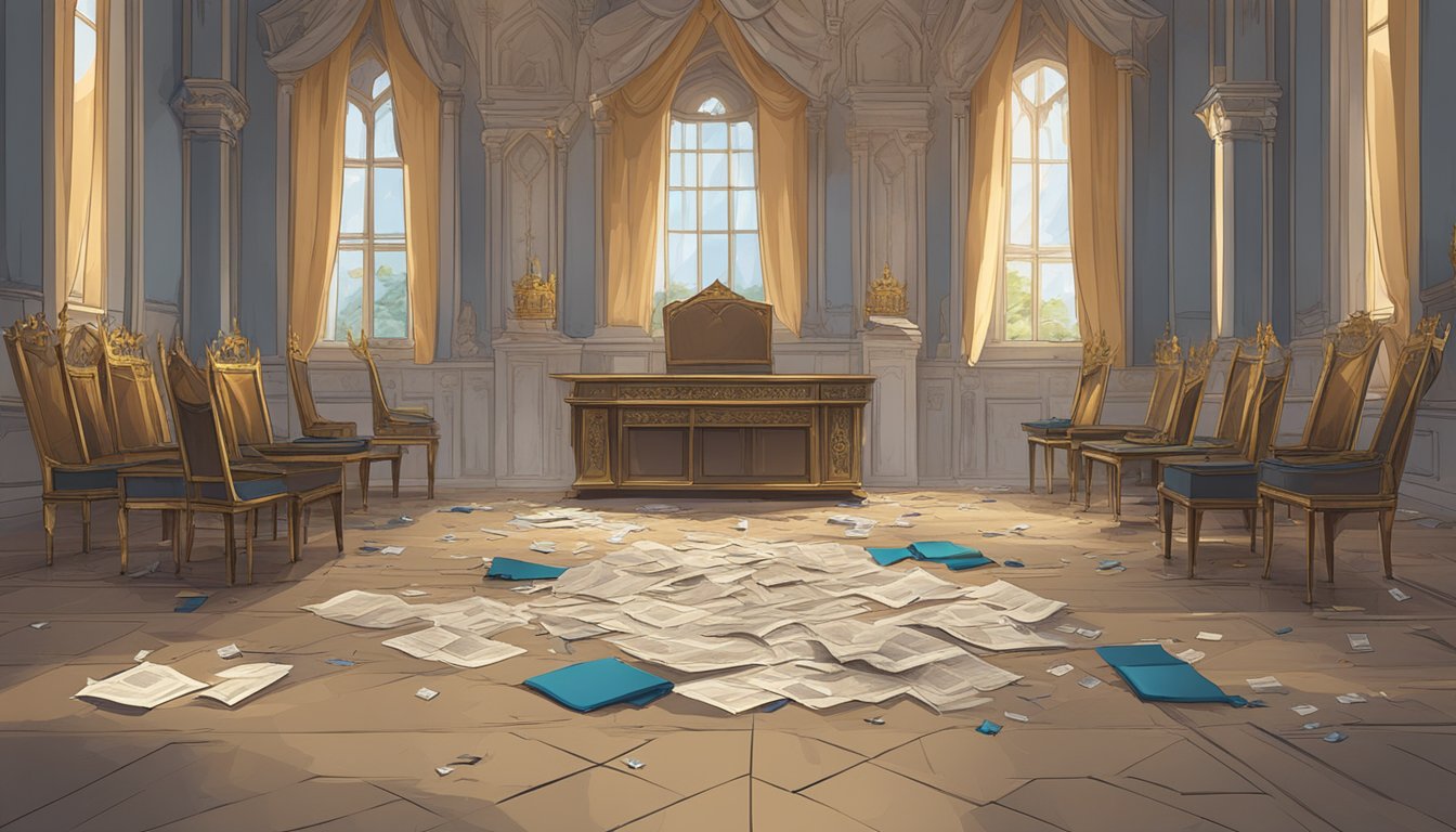 A royal court with six empty thrones, three broken crowns, and torn marriage documents scattered on the floor