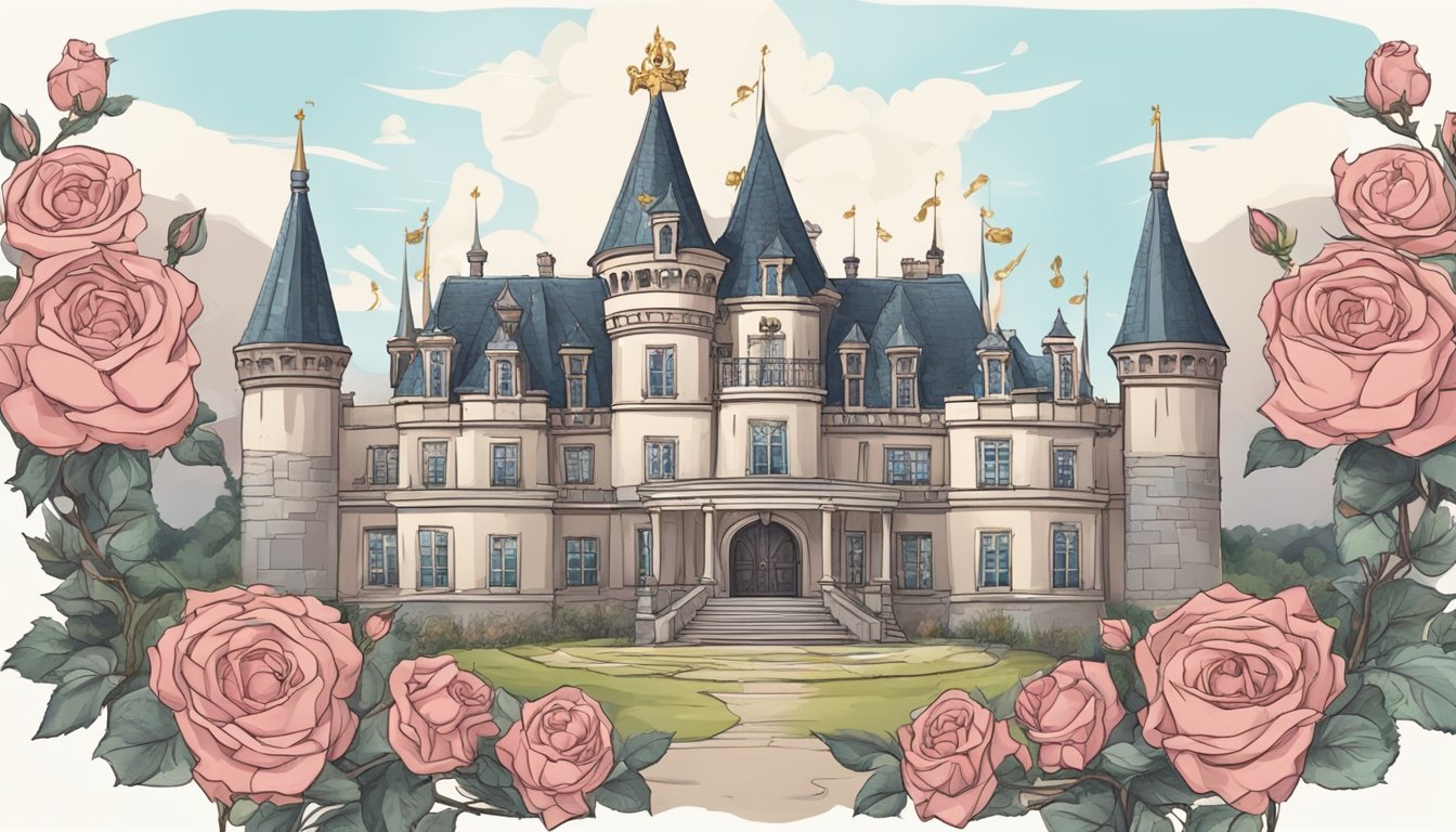 A grand castle with a crown and wedding rings, surrounded by withered roses and a broken crown