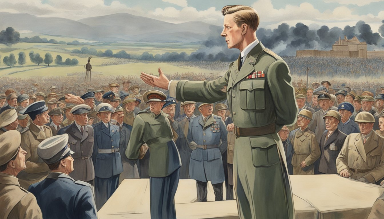 Edward VIII standing in front of a crowd, passionately delivering a speech on his political stance. In the background, a war-torn landscape symbolizes the cause of death in World War II