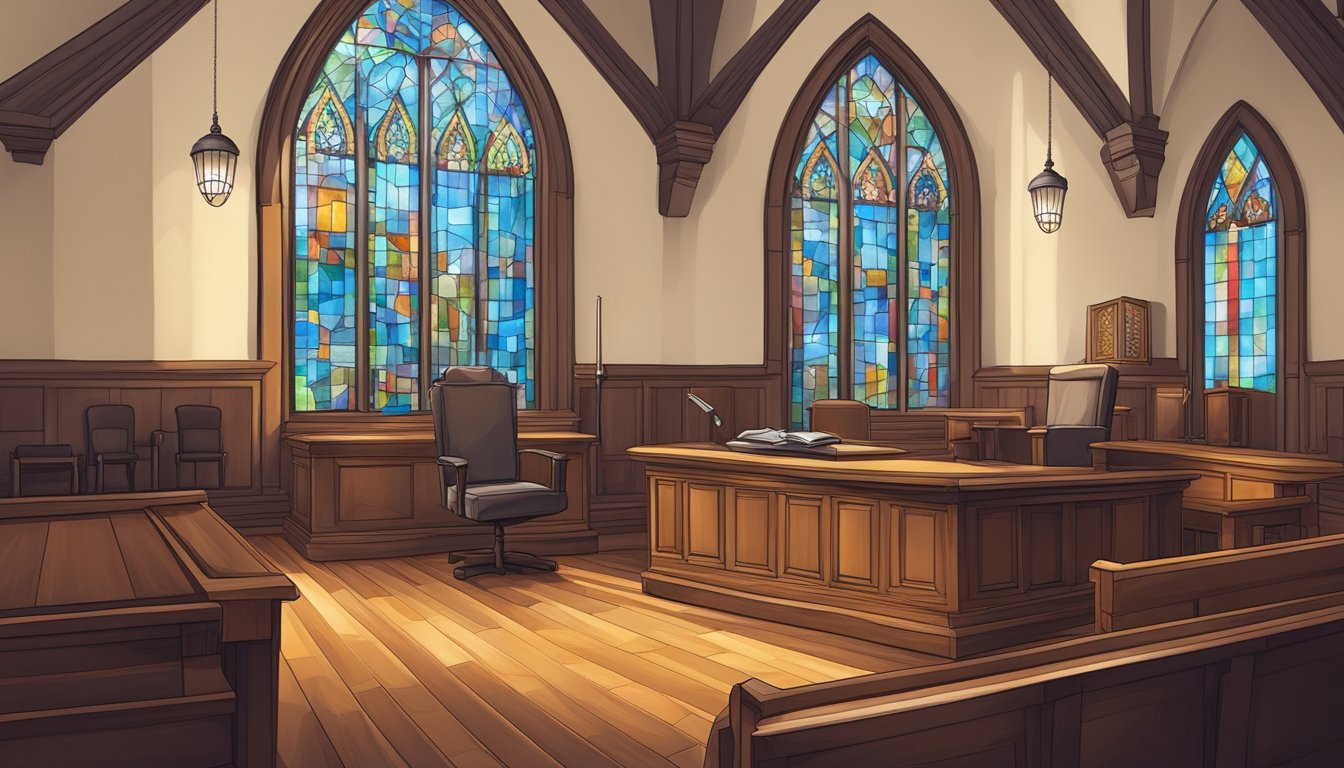 A courtroom with a judge's gavel and a church with a broken stained glass window