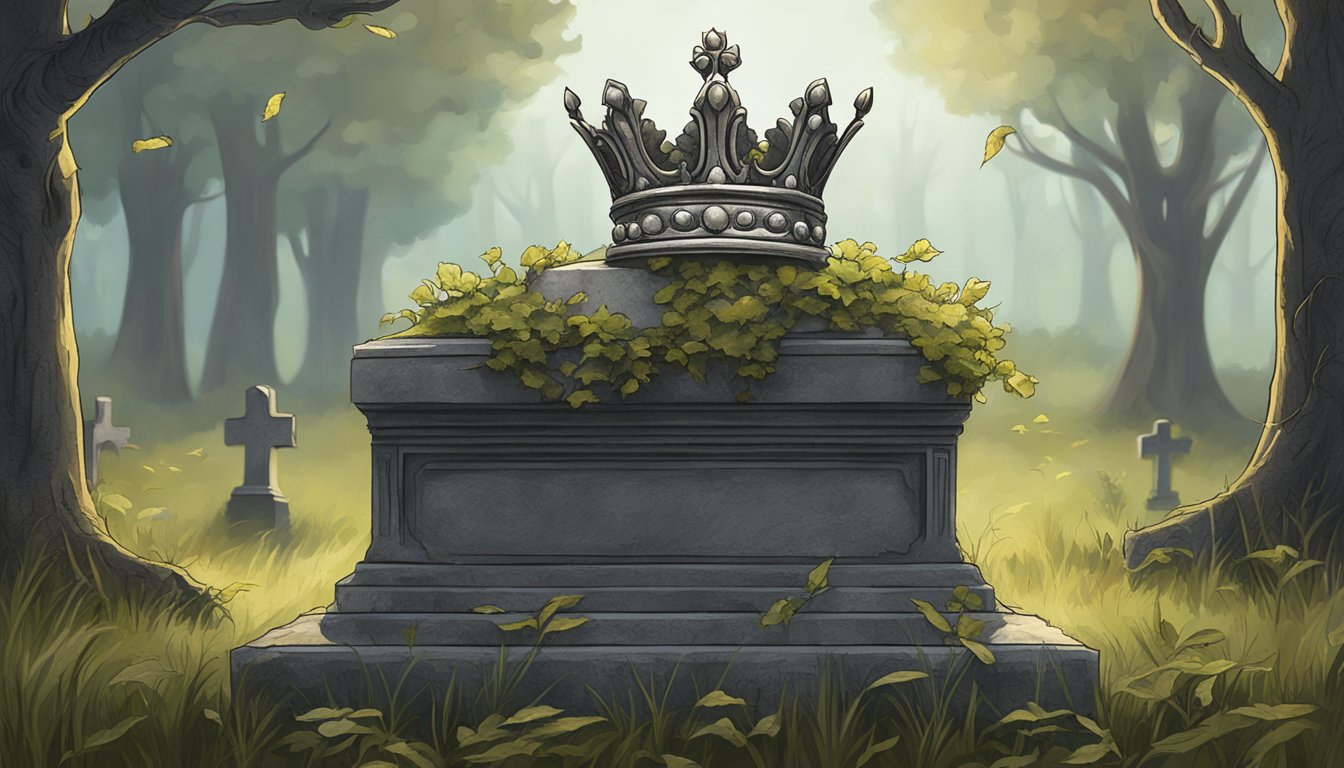 A regal crown sits atop a weathered tombstone in a peaceful, overgrown cemetery