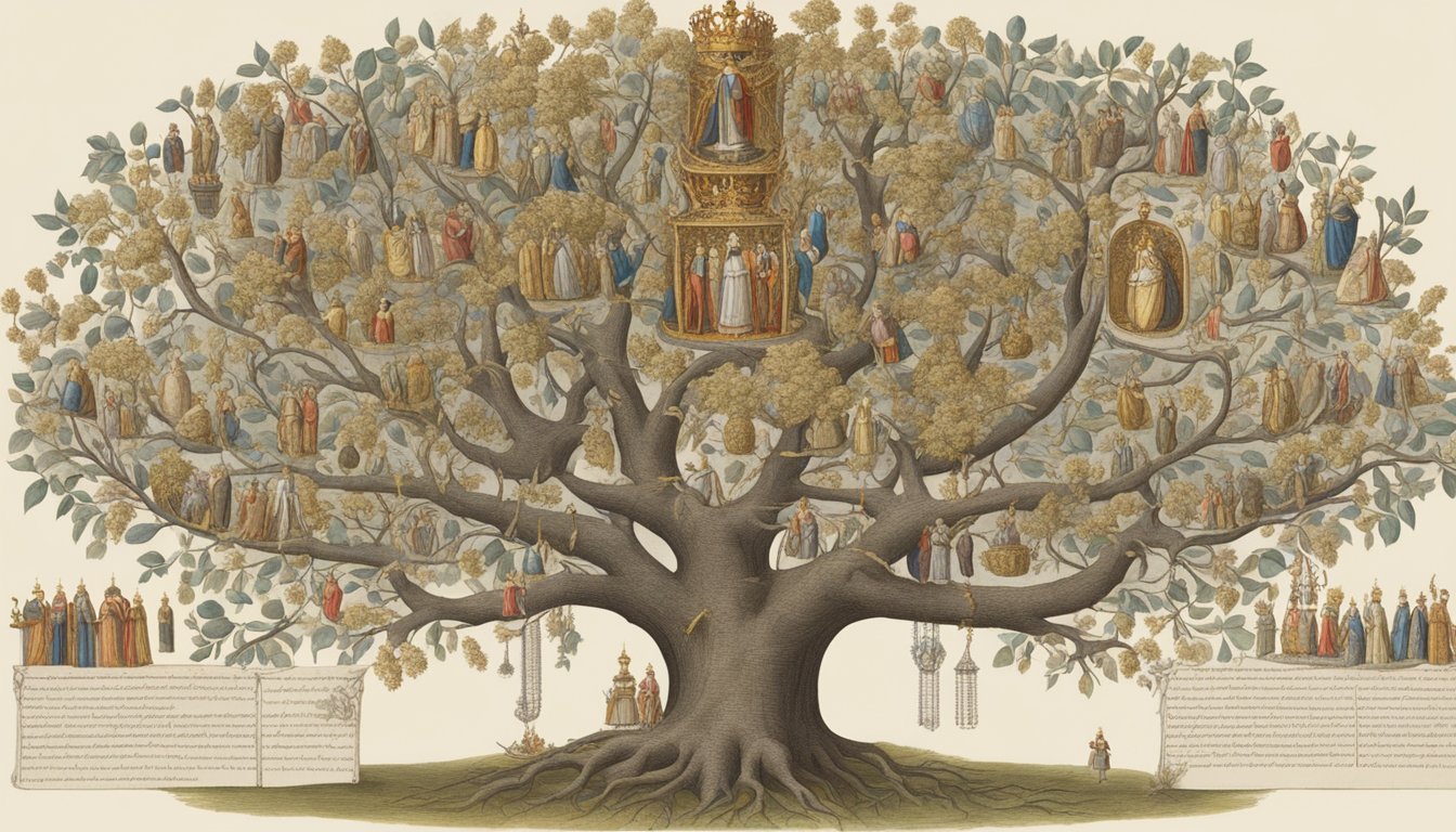 A regal crown sits atop a royal family tree, with branches extending to various figures, each representing a different cause of death for Henry VIII's wives