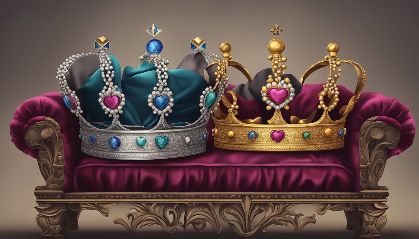 A crown and a broken heart lie side by side on a regal velvet cushion