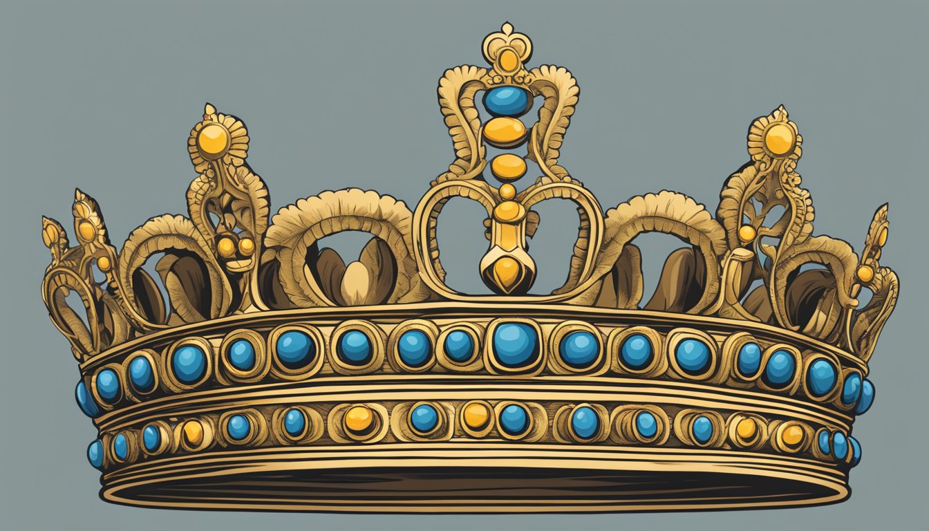 A regal crown surrounded by six smaller crowns, each representing one of Henry VIII's wives, symbolizing his lasting impact on English history