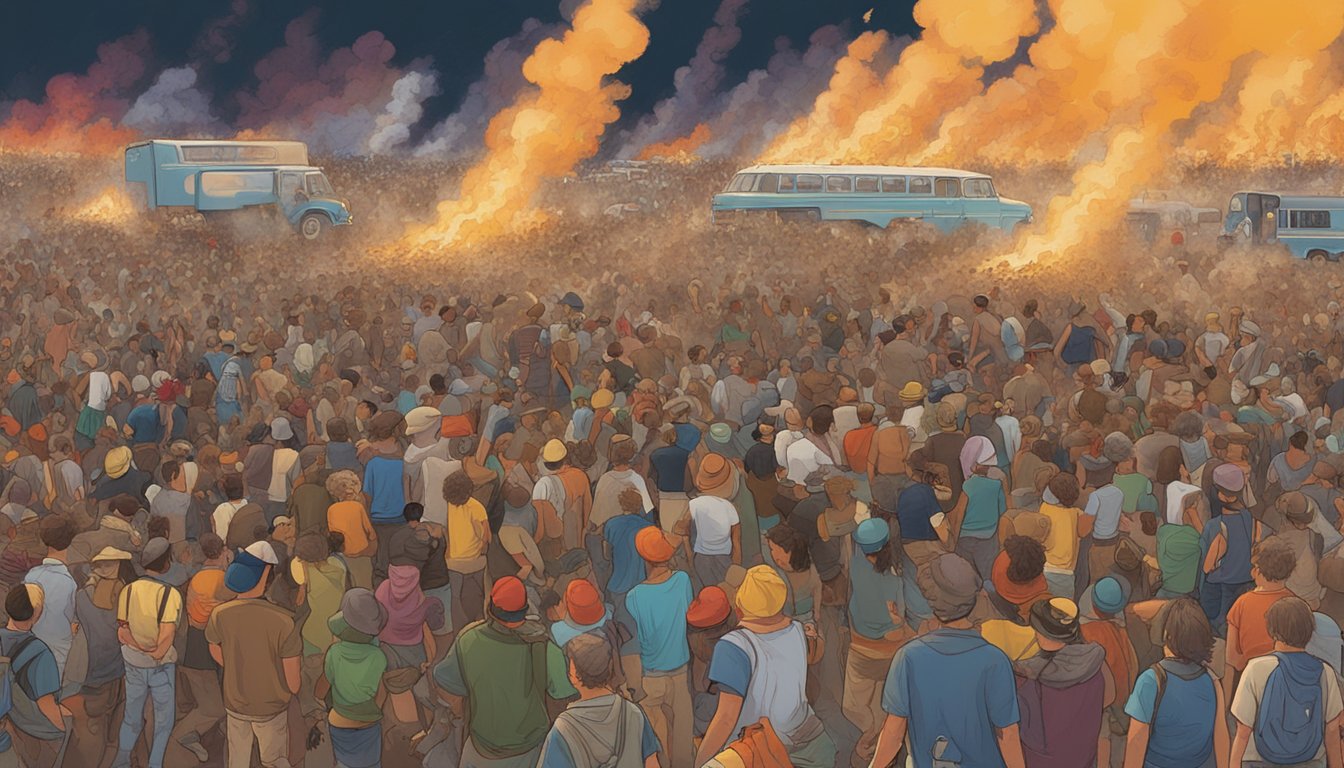 Crowd of concertgoers at Woodstock '99, chaotic atmosphere, littered with debris, flames and smoke rising from bonfires, and a sense of tension and unrest in the air