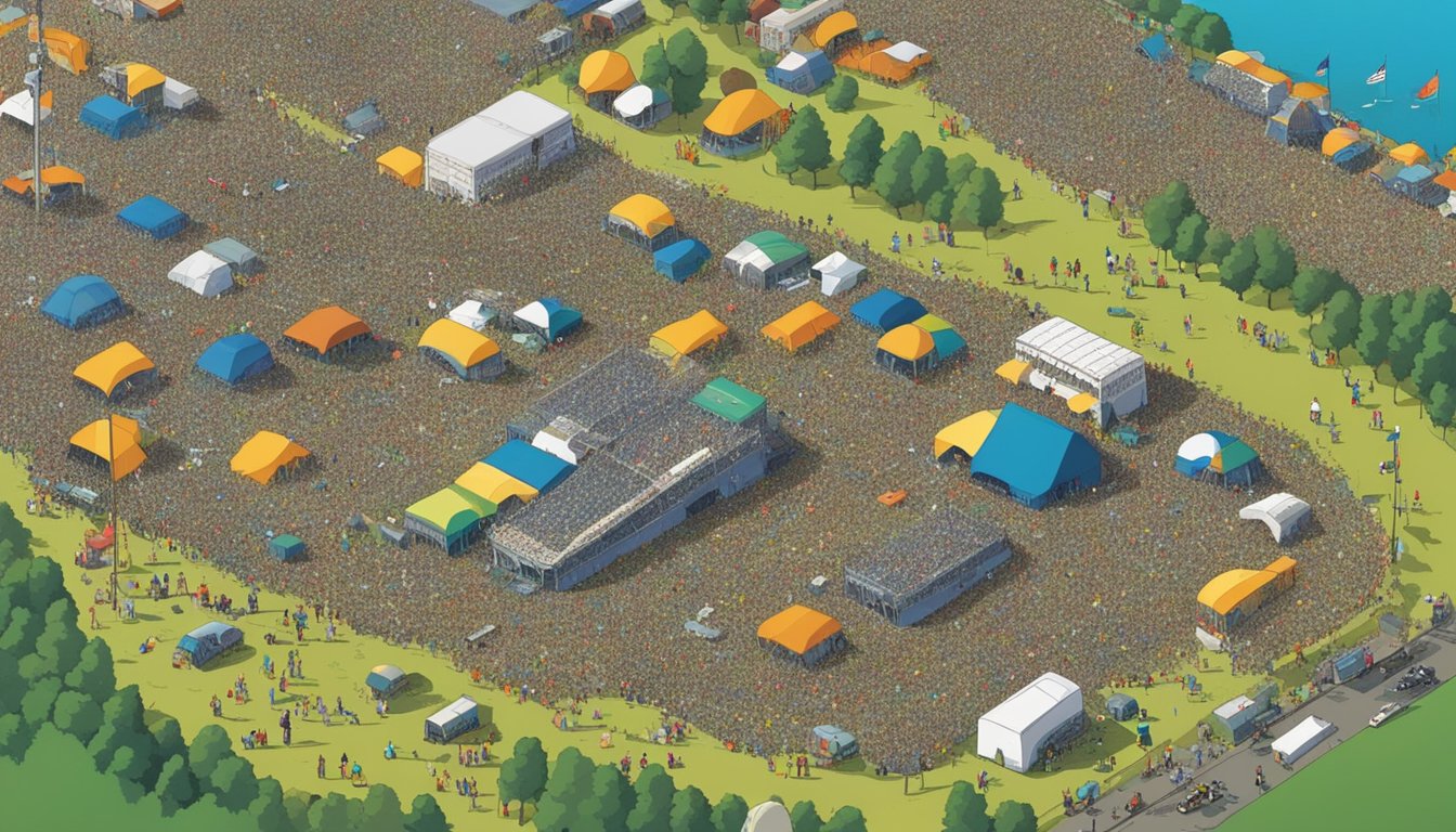 The chaotic and overcrowded concert grounds at Woodstock 99, with mosh pits, fires, and lack of adequate facilities