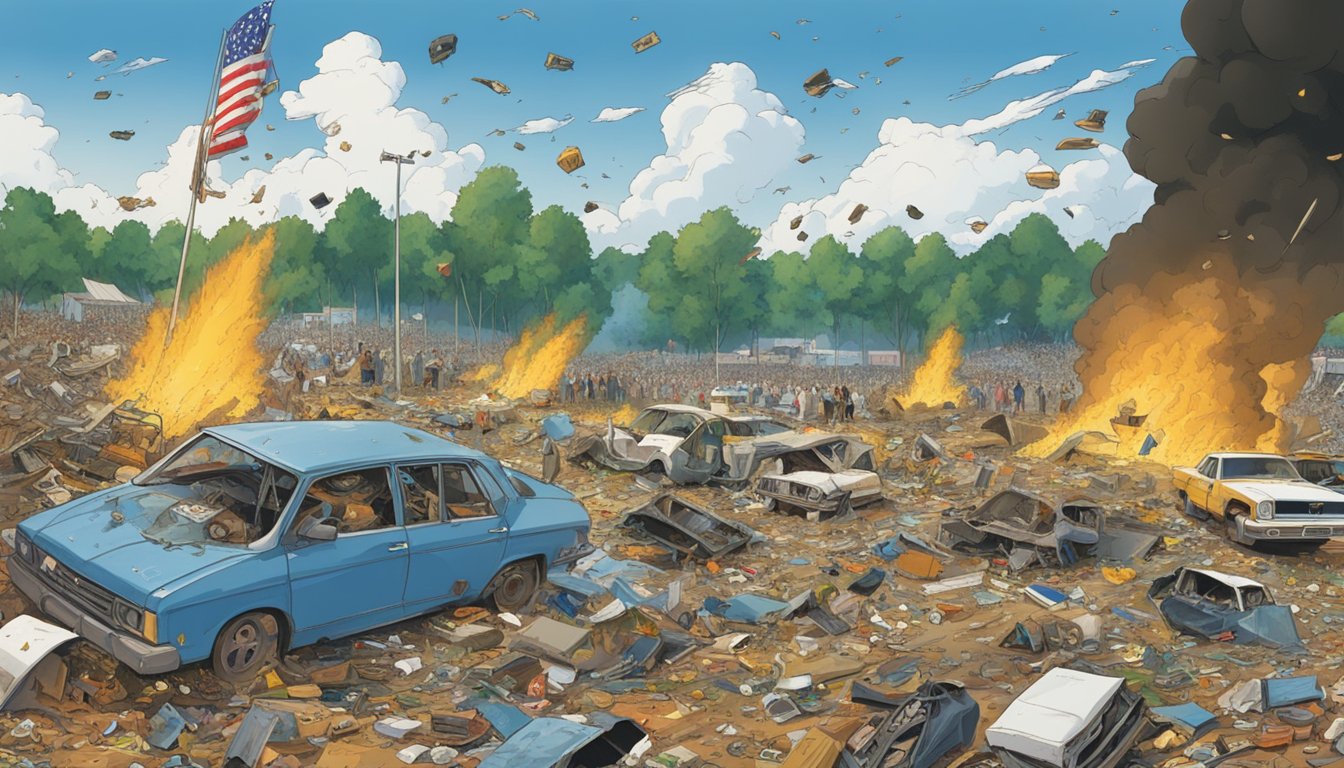 A chaotic and destructive scene at Woodstock '99, with overturned objects and debris scattered across the ground, depicting the aftermath of violent and criminal incidents