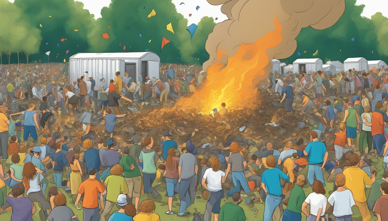 A chaotic concert crowd at Woodstock 99, with bonfires, broken fences, and overturned porta-potties