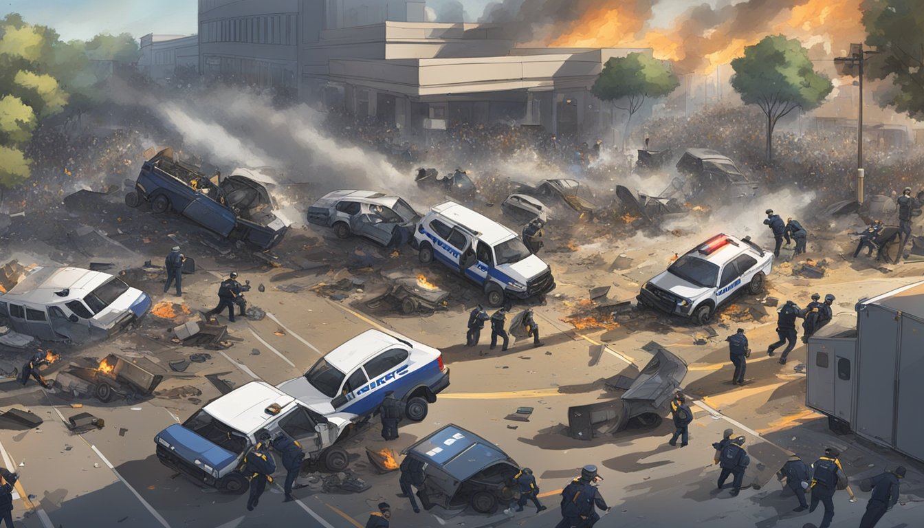 A chaotic concert scene with overturned vehicles, fires, and debris scattered across the grounds, surrounded by a heavy police presence