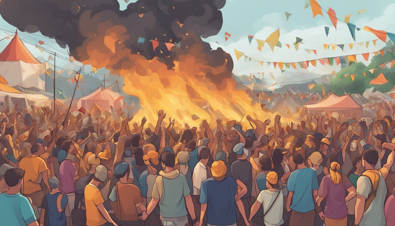 A crowded music festival with raging fires and chaotic scenes of destruction