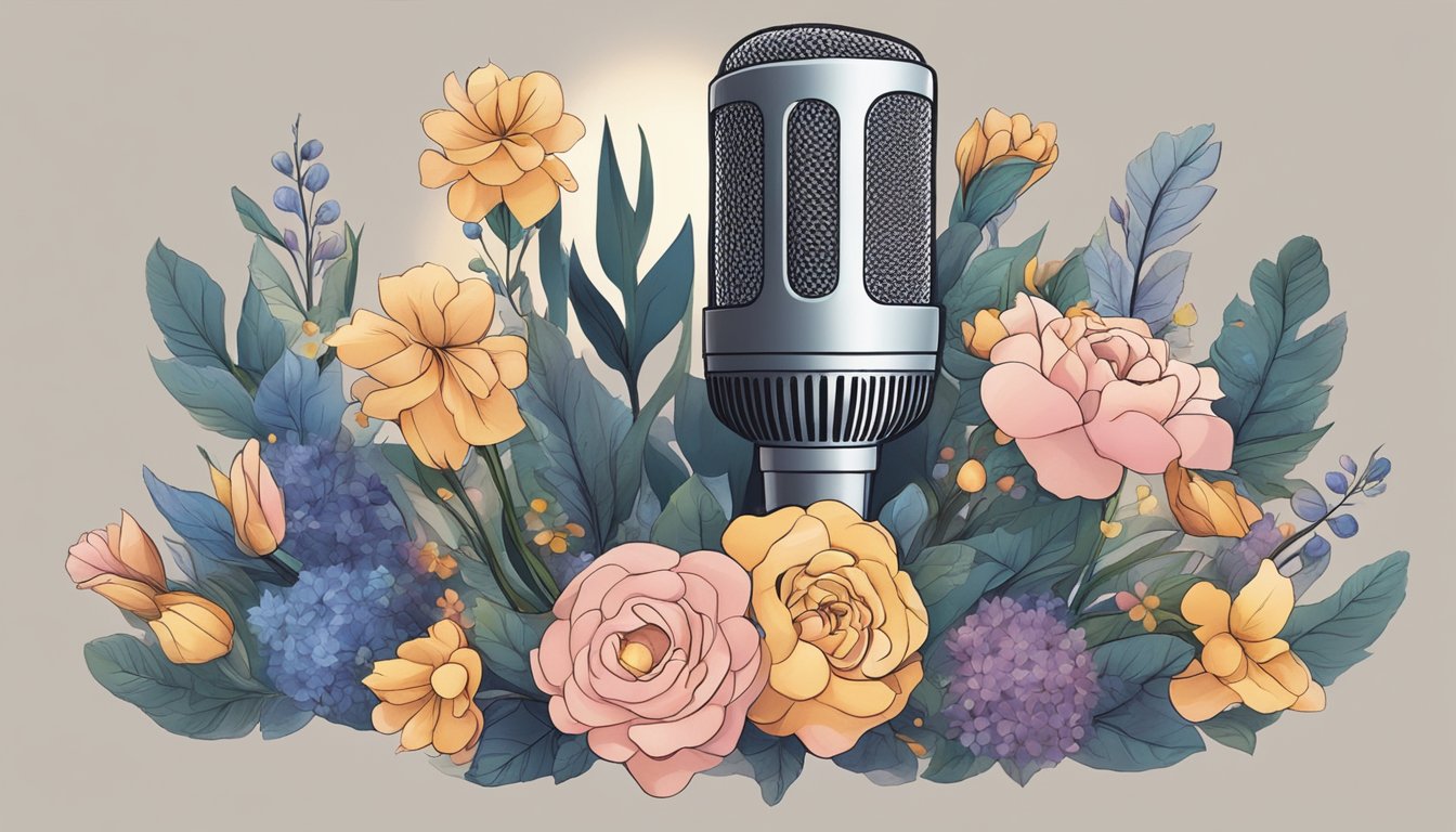 A microphone surrounded by flowers and candles, with a spotlight shining on it