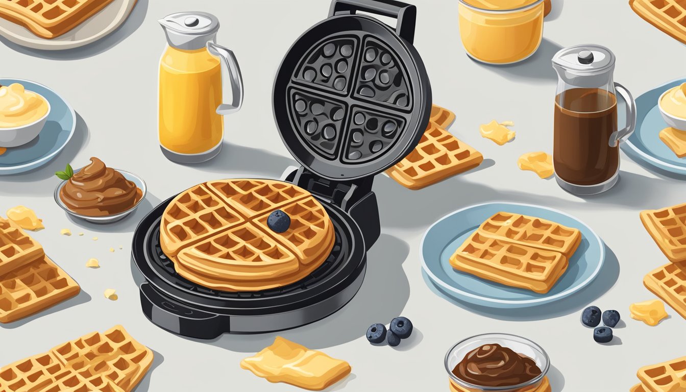 A waffle iron surrounded by scattered batter and a stack of freshly made waffles