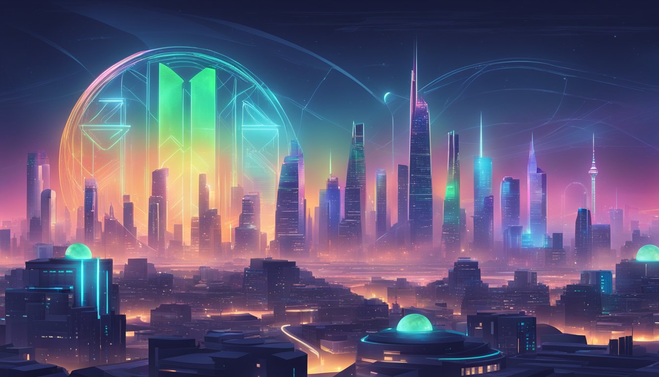 A futuristic city skyline with a glowing holographic display of "Kane 99.5" and a symbol representing his legacy