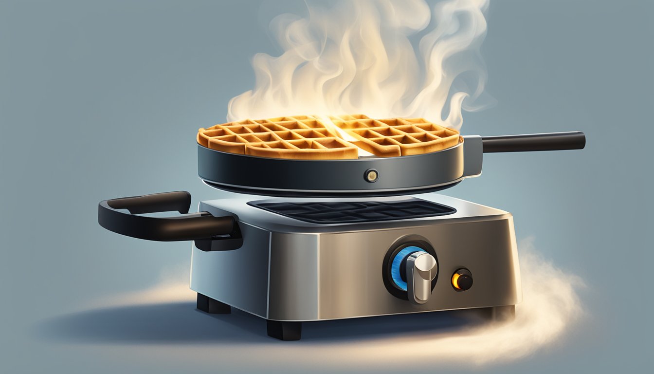 A waffle iron emitting smoke, with a small fire starting underneath