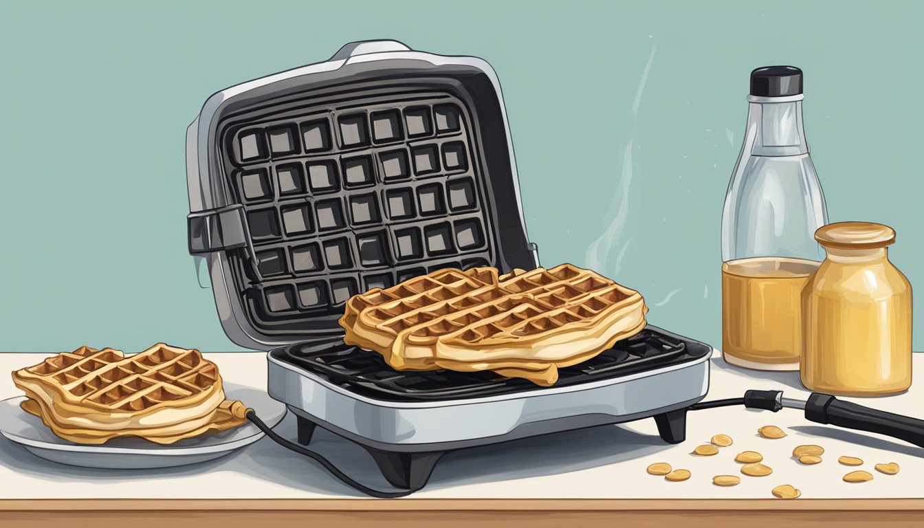 A vintage waffle iron lies discarded on a cluttered kitchen counter, its cord frayed and unplugged. A faint smell of burnt batter lingers in the air