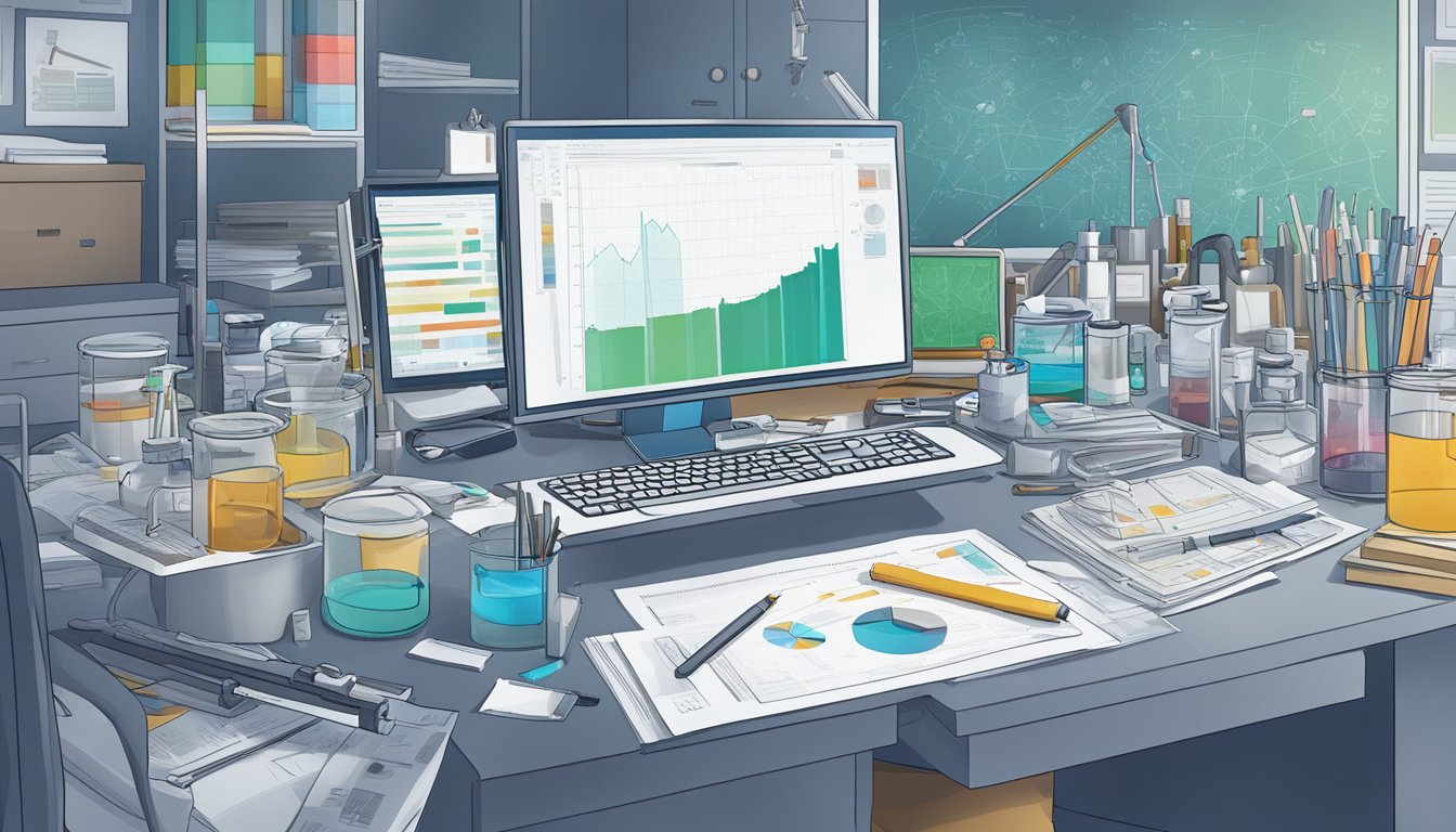 A cluttered lab with scattered papers, test tubes, and a microscope. A computer screen displays graphs and data related to the cause of death investigation