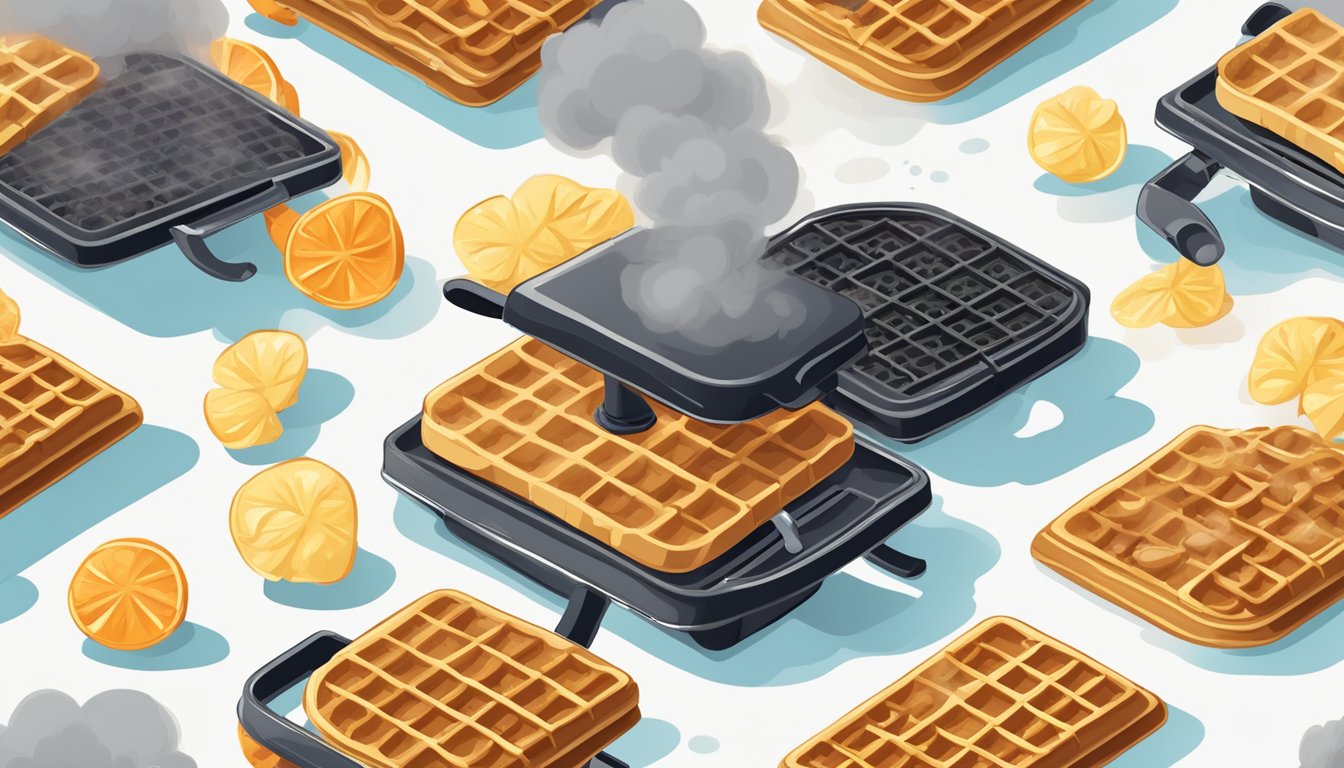 A toppled waffle iron surrounded by smoke and a burnt smell