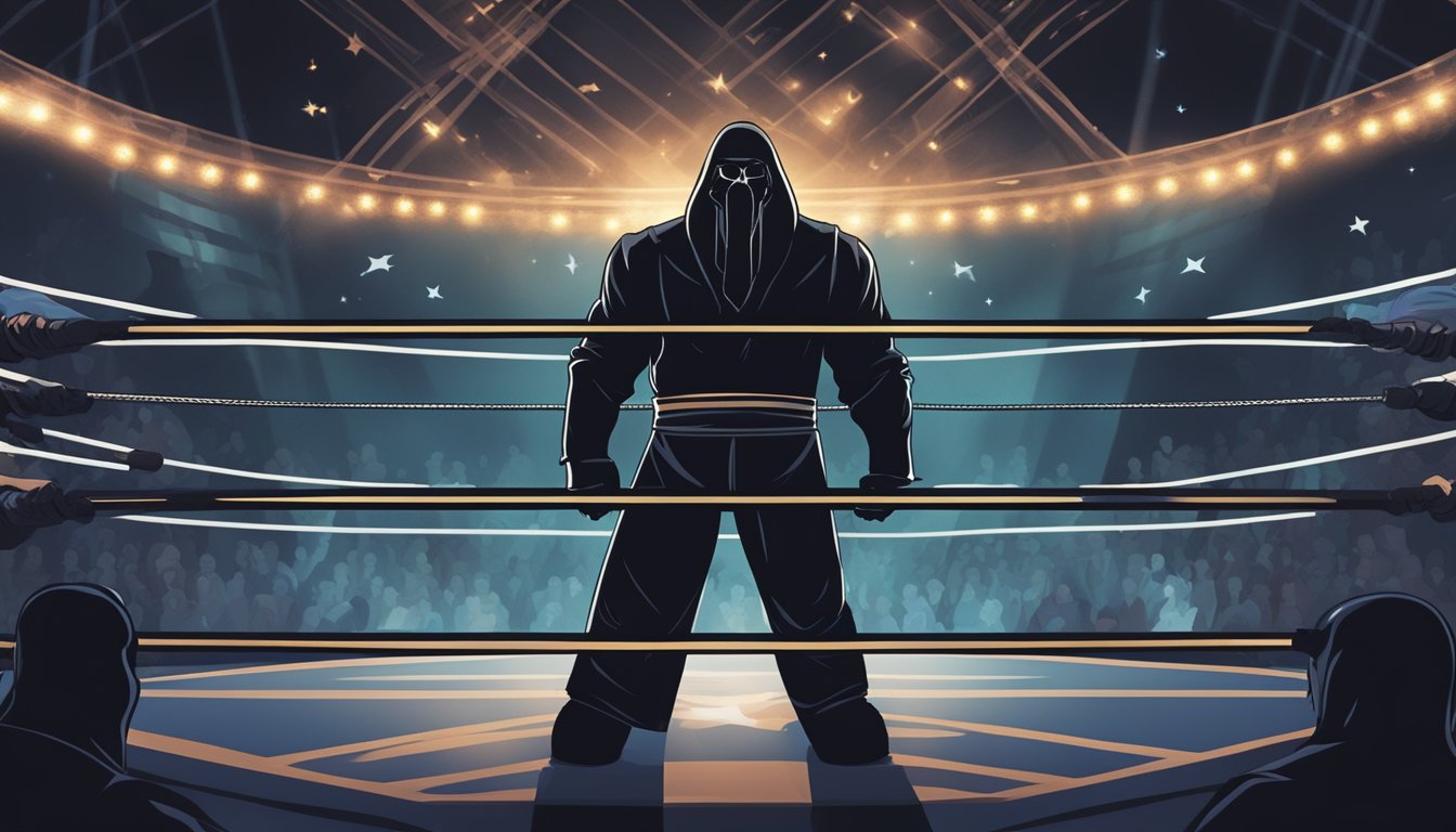 A dark figure looms over a wrestling ring, surrounded by eerie symbols and flickering lights