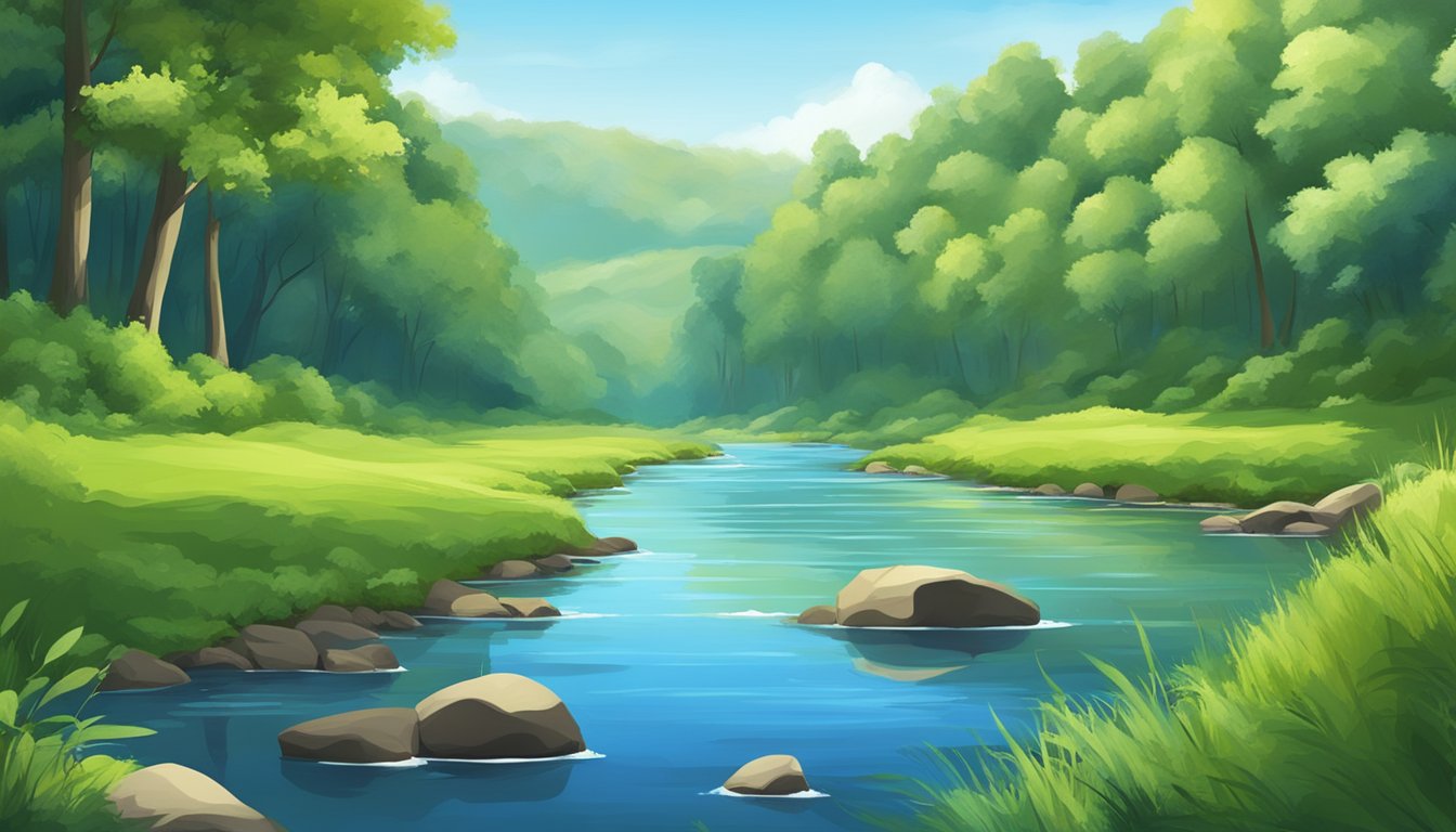 A serene landscape with a peaceful river flowing through a lush forest, under a clear blue sky