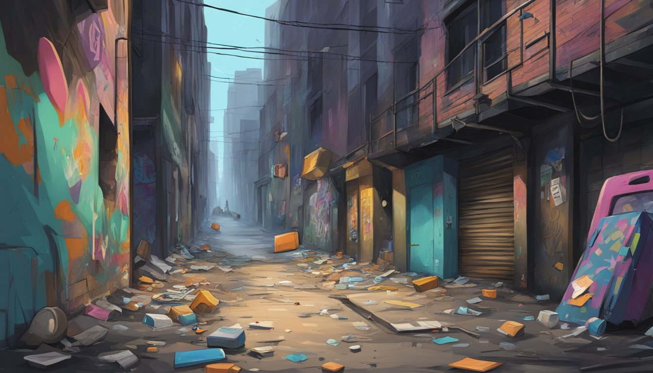 A dark alley littered with discarded drug paraphernalia, graffiti-covered walls, and a sense of despair lingering in the air