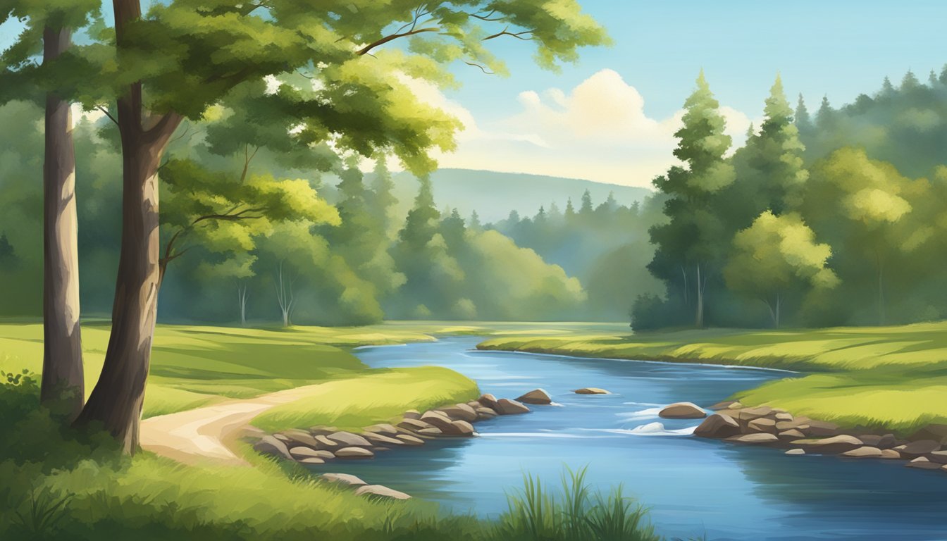 A peaceful countryside setting with a flowing river, tall trees, and a clear blue sky