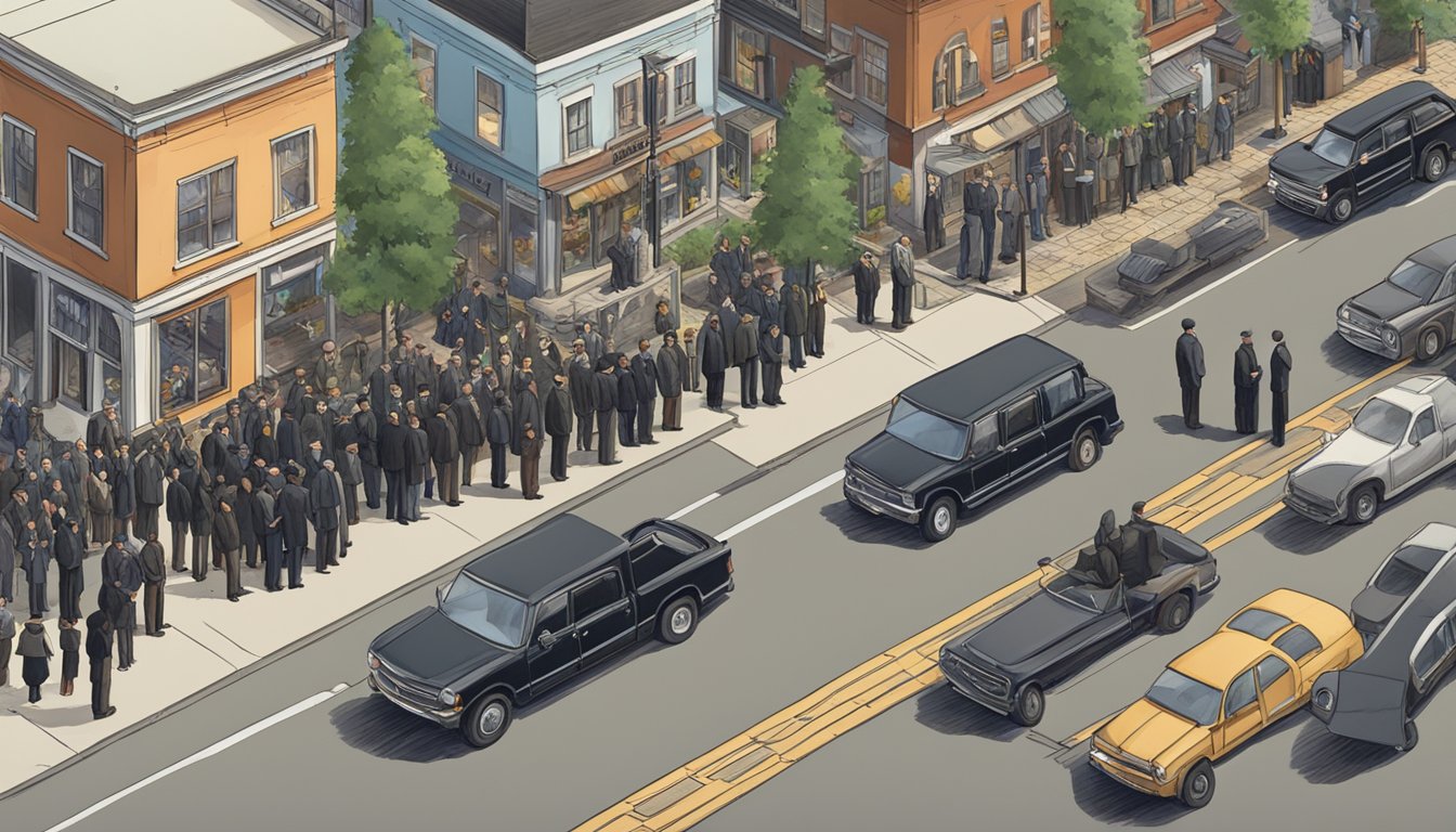 A somber funeral procession through a small town, with mourners and industry workers paying their respects at a memorial site