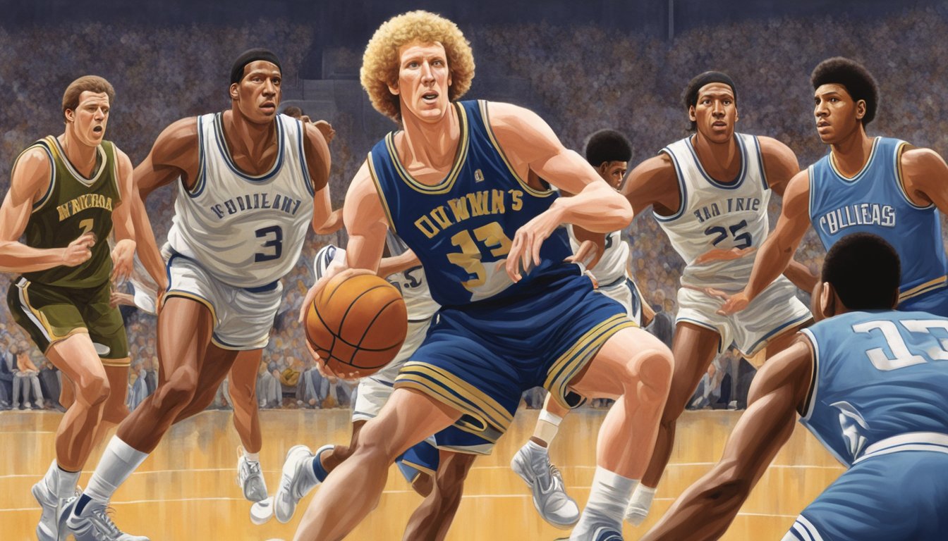 A young Bill Walton, towering over his college basketball opponents, dominates the court with his skilled and powerful presence