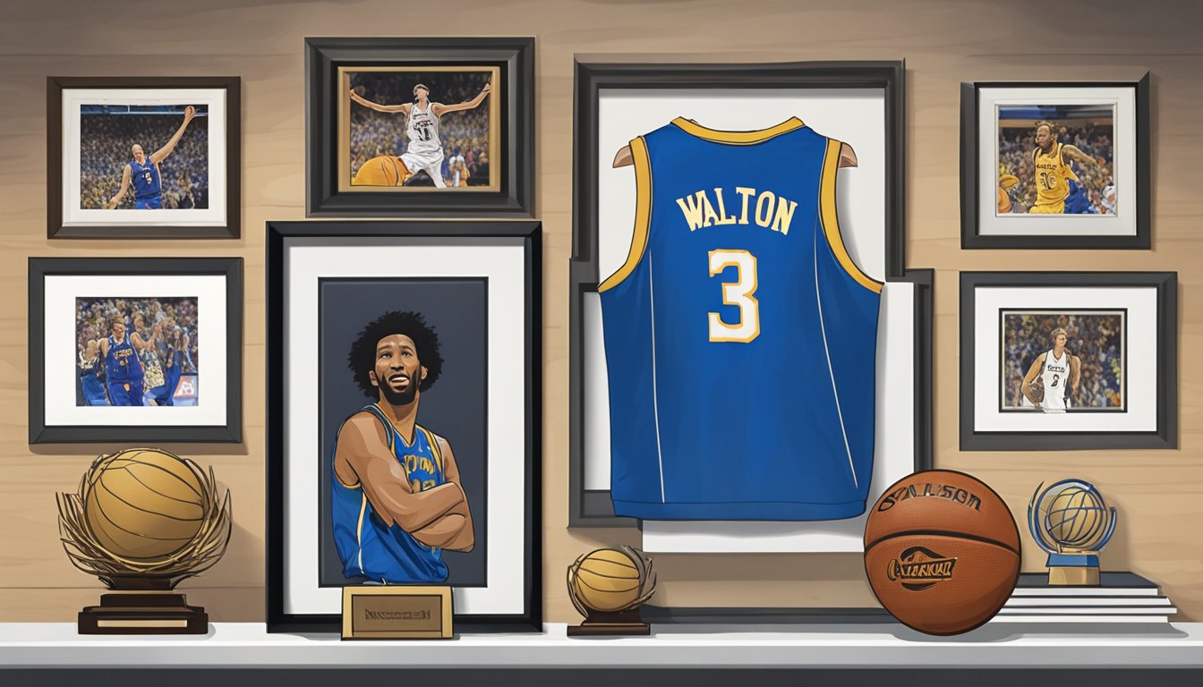 A basketball jersey hangs on a wall next to a framed photo of Bill Walton. Trophies and awards are displayed on a shelf below