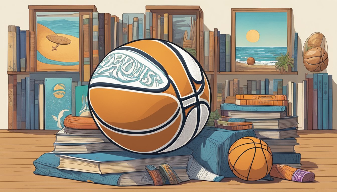 A basketball sitting on a court with a surfboard leaning against it, surrounded by a collection of Grateful Dead memorabilia and a stack of books on philosophy