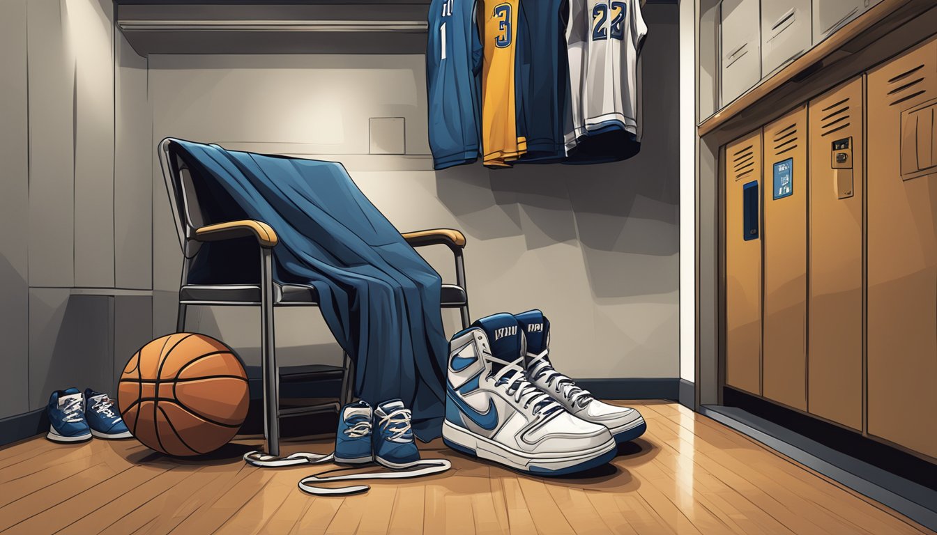 A basketball jersey draped over a chair in a dimly lit locker room. A pair of worn sneakers sit abandoned on the floor