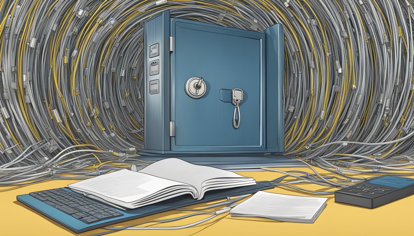 A locked vault surrounded by tangled data wires and a looming privacy policy document