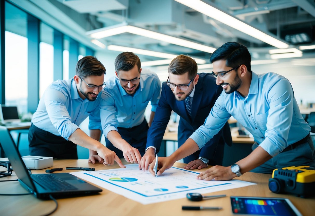 A group of engineers collaborating on a blueprint, surrounded by advanced technology and tools in a modern office setting