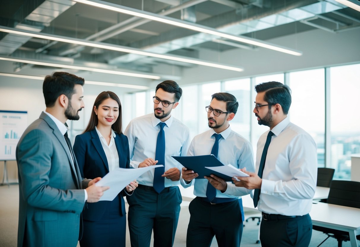 Engineers discussing plans and diagrams in a modern office