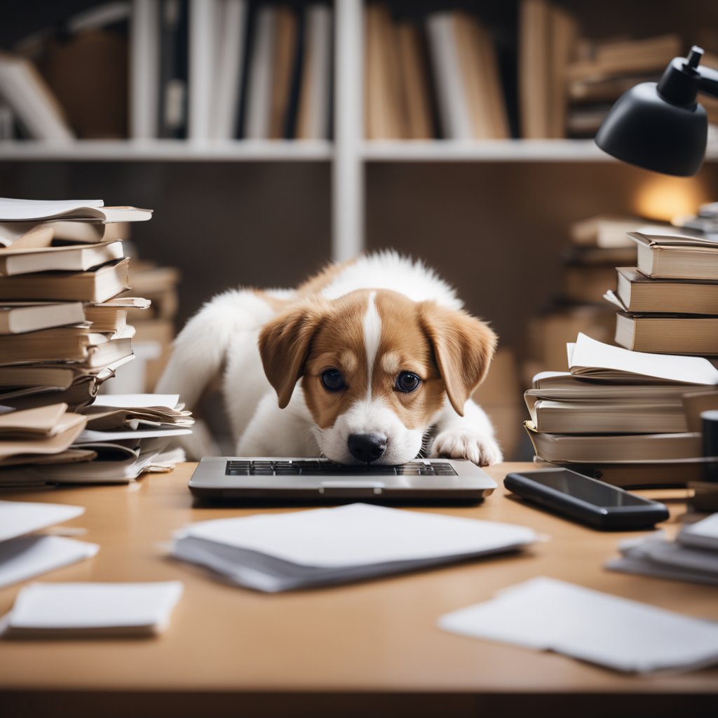 A playful puppy explores a cluttered desk, surrounded by scattered papers, books, and a laptop. A clear path emerges as the pup pushes aside unnecessary items
