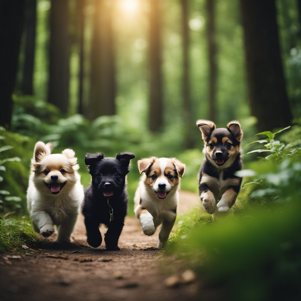 A group of playful puppies explore a winding path through a lush forest, their tails wagging with excitement as they embark on a new adventure