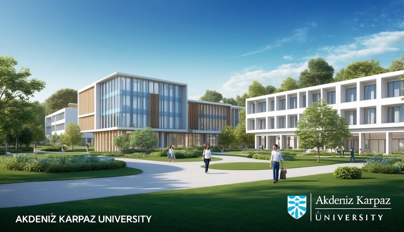 Modern binalar, yemyeşil doğa ve açık mavi bir gökyüzü ile huzurlu bir kampüs ortamı, Akdeniz Karpaz Üniversitesi'ni tasvir ediyor.