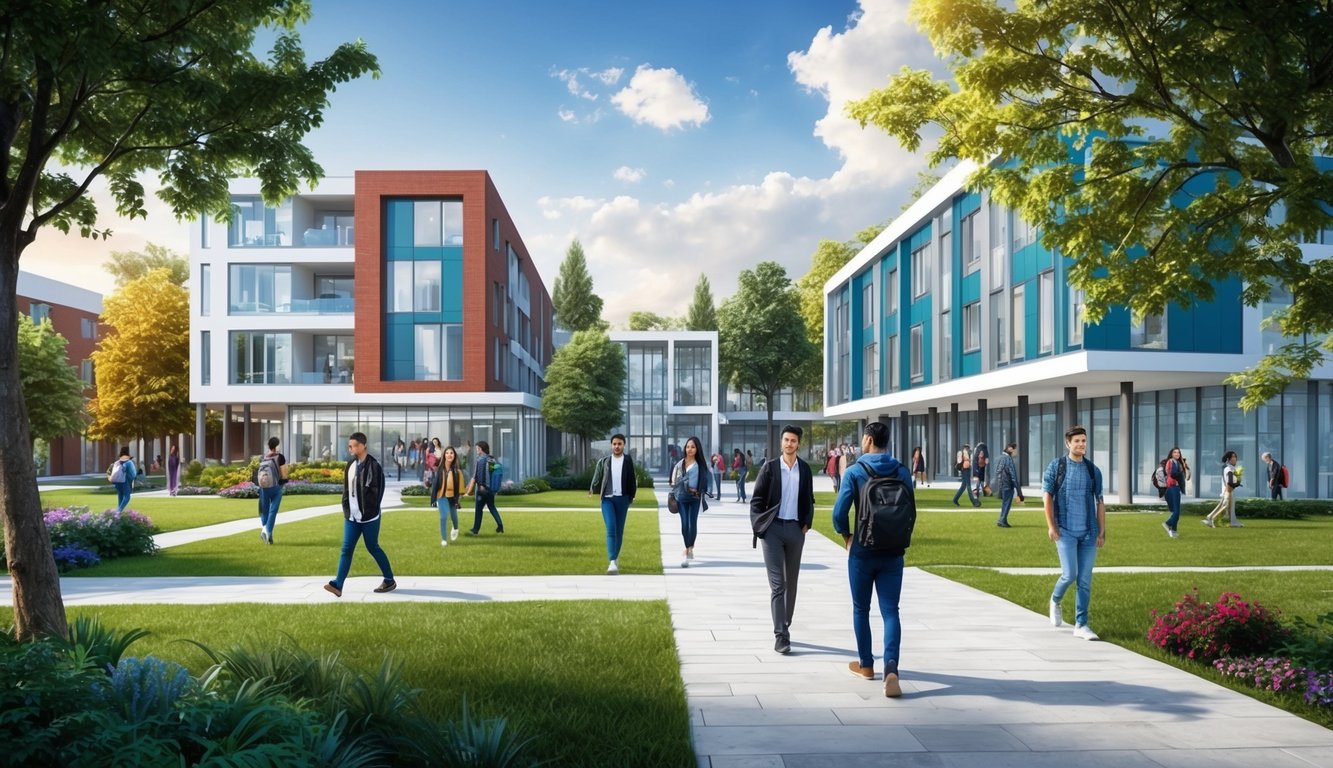 Modern binalar ve yeşil alanlarla dolu canlı bir kampüs, dersler arasında yürüyen öğrenciler ve Akdeniz Karpaz Üniversitesi'nde sıcak bir atmosfer.
