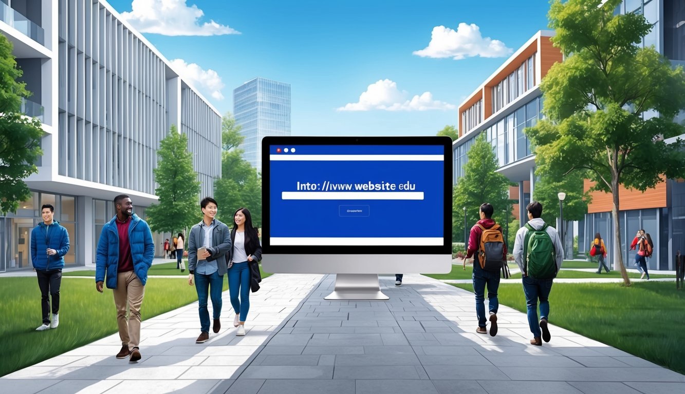 Modern binalar ve yeşil alanlar arasında yürüyen öğrencilerin bulunduğu bir üniversite kampüsü, bir bilgisayar ekranında web sitesi URL'sinin görüntülendiği.