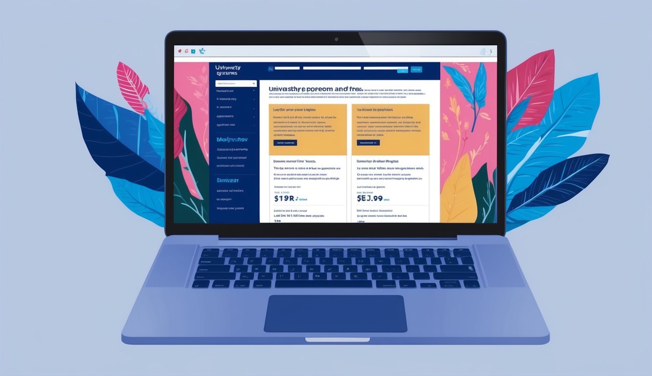 Üniversite programları ve ücretlerini gösteren bir web sayfasına açık bir dizüstü bilgisayar